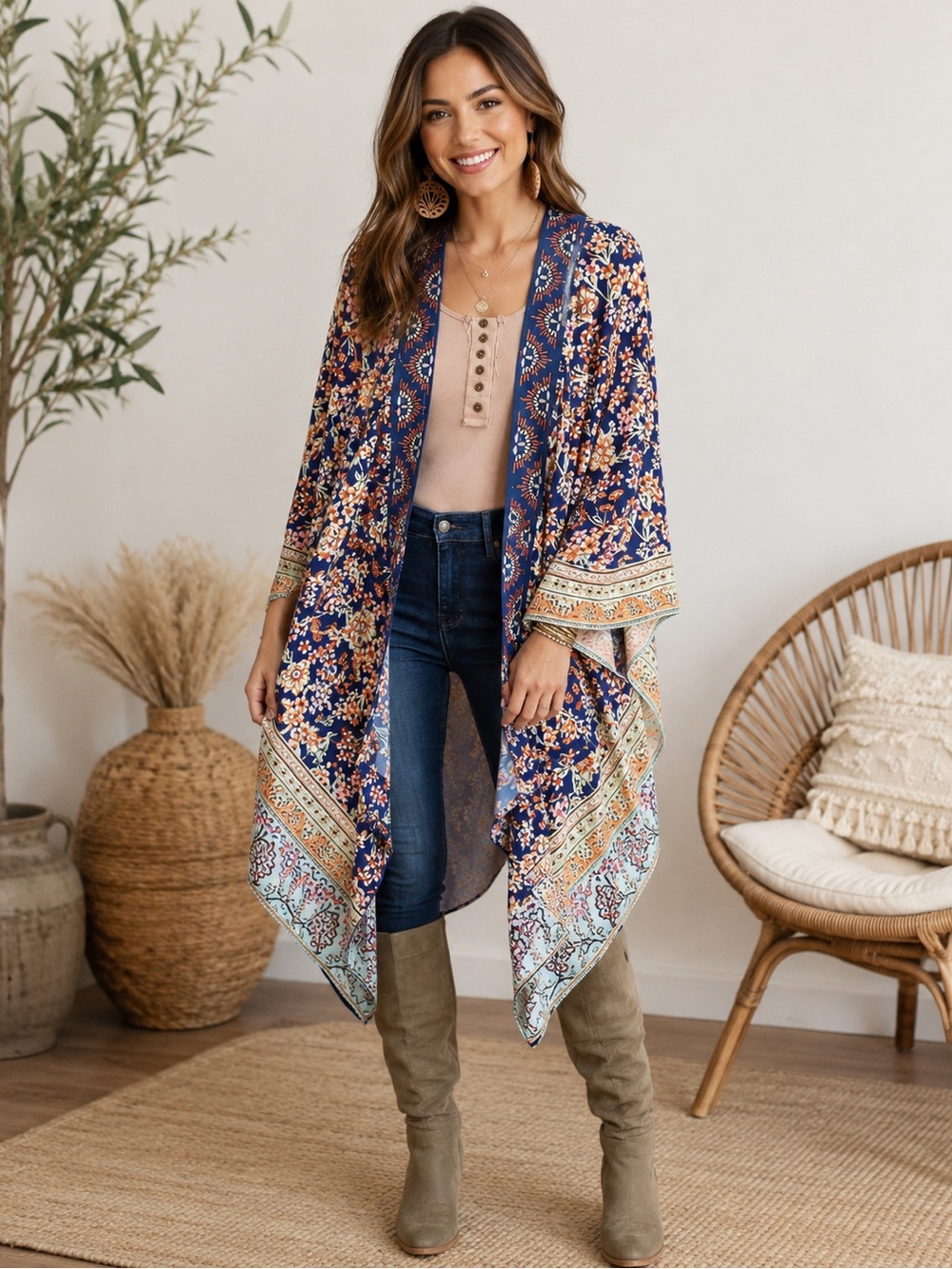 Umgee Navy Floral Kimono with Multicolor Border